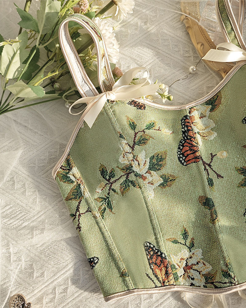 French Style Bow Lace-Up Floral Sexy Body Shaper Women's Sling Printed Slim-Fit Vest Corset