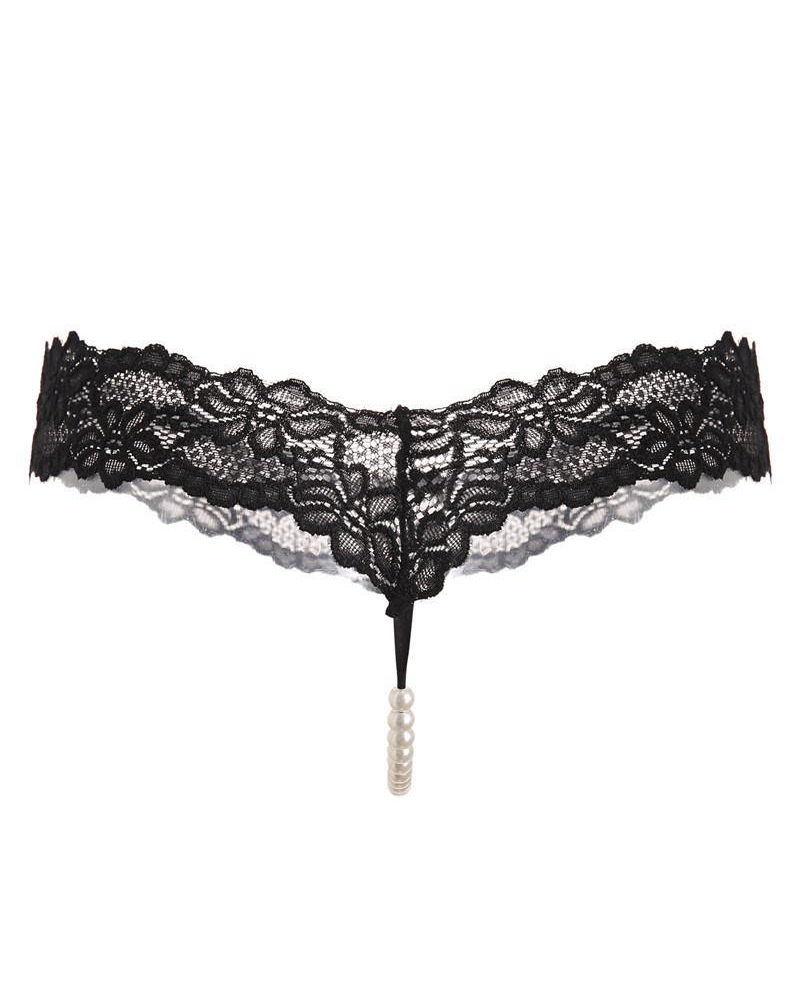 Pearl Decor See-Through Lace Thong