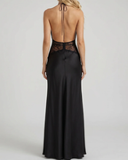 Elegant V-Neck Halter Lace and Satin Patchwork Maxi Dress