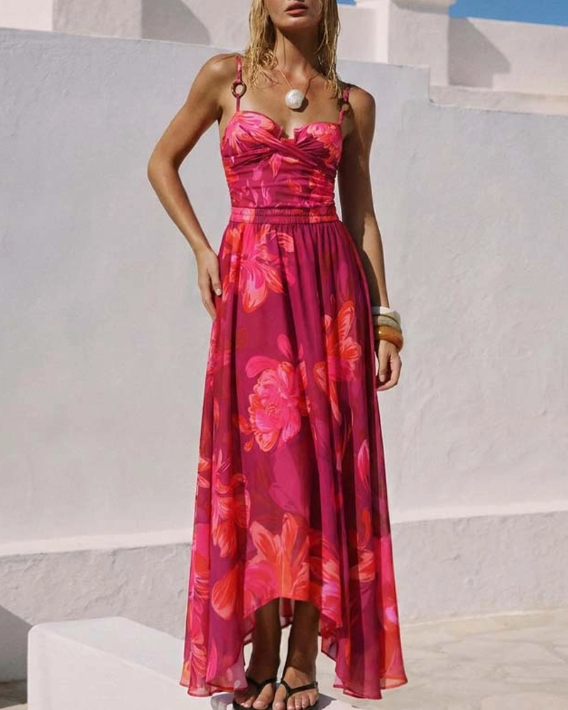 Sling Abstract Floral Print One Piece Swimsuit Set