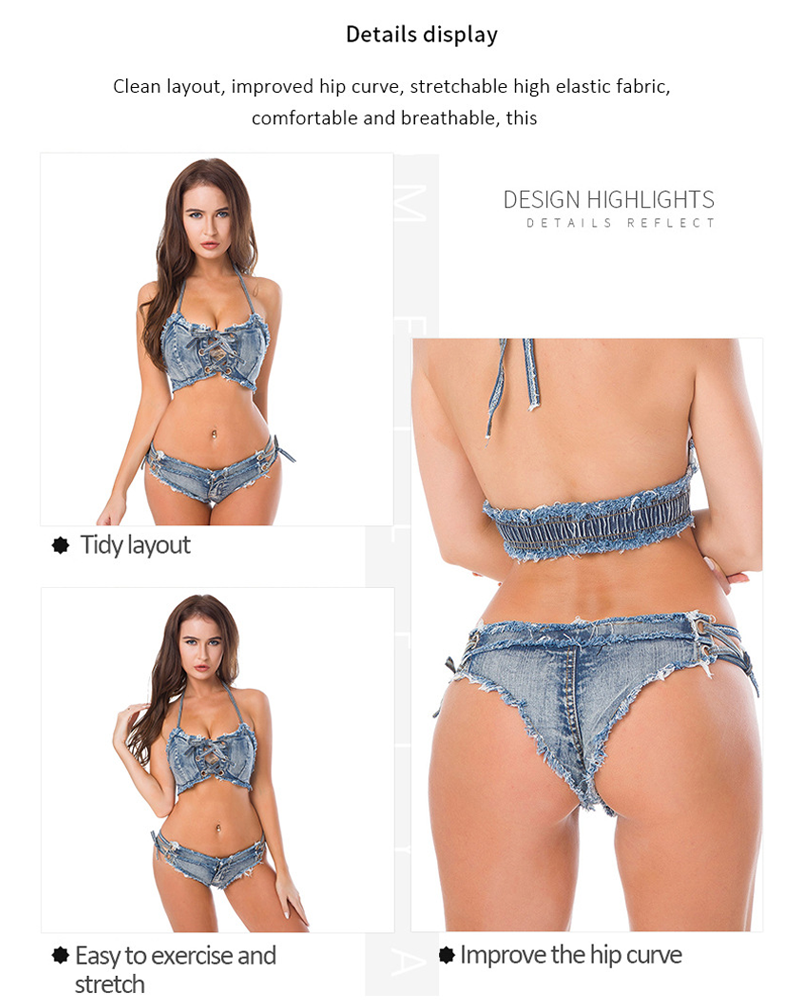 Women’s Sexy Denim Lace-Up Front Bikini Set