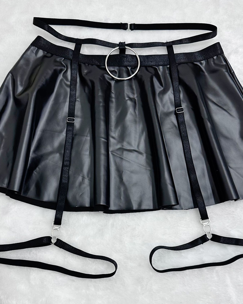 Sexy Cutout Faux Leather Mini Skirt Lingerie Set