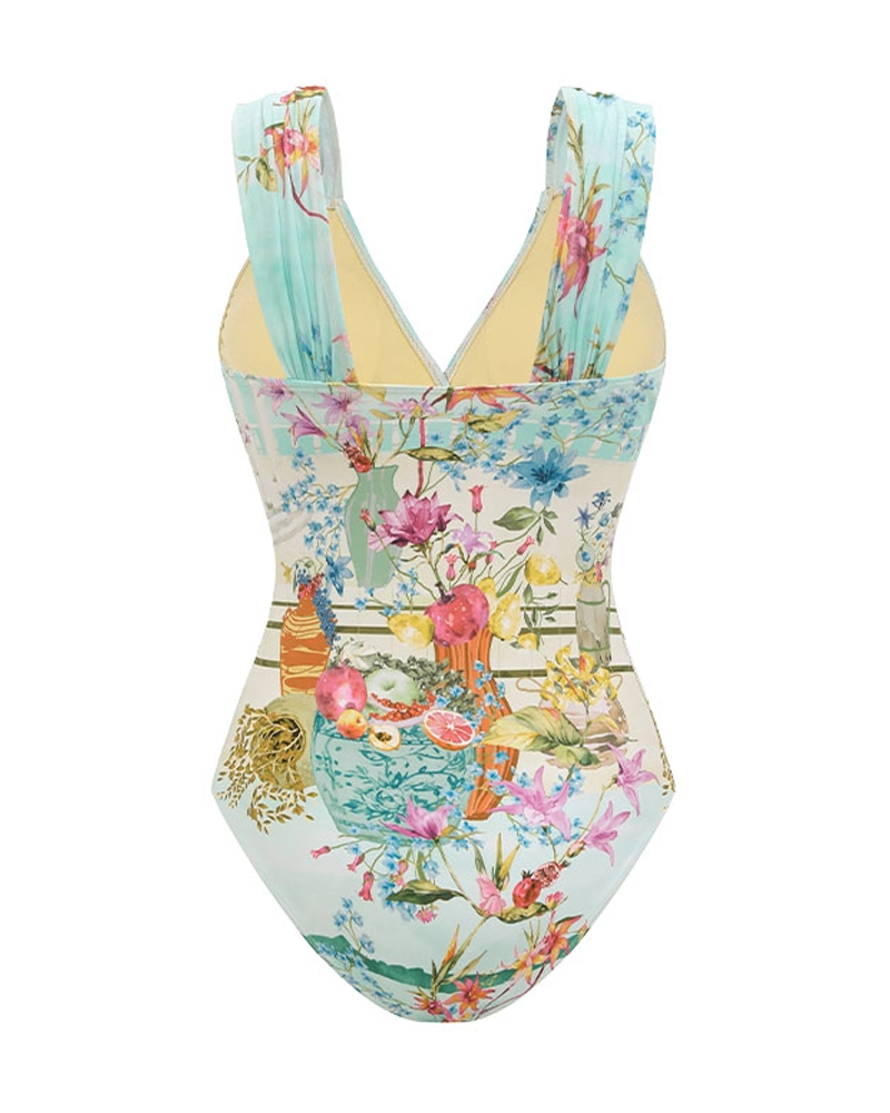Elegant V Neck Printed Swimsuit Set
