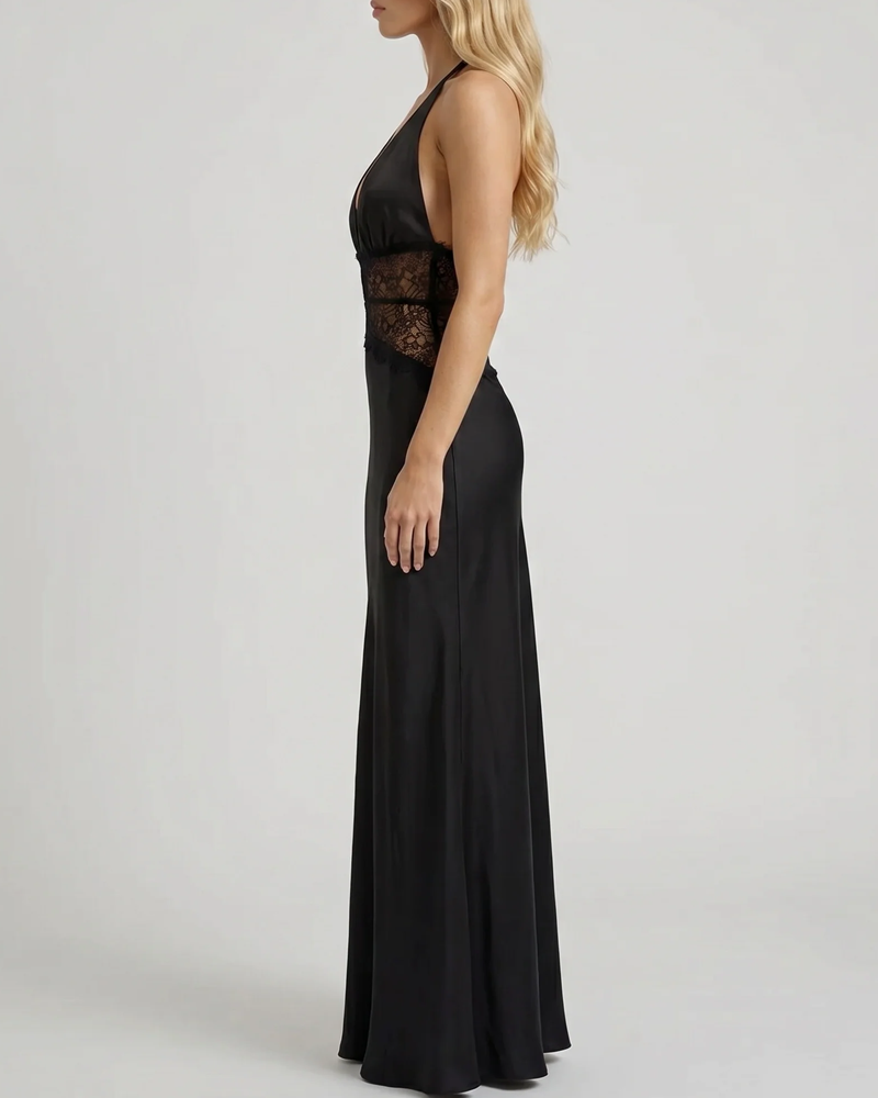 Elegant V-Neck Halter Lace and Satin Patchwork Maxi Dress