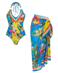 V Neck Color Block Printed Swimsuit Set