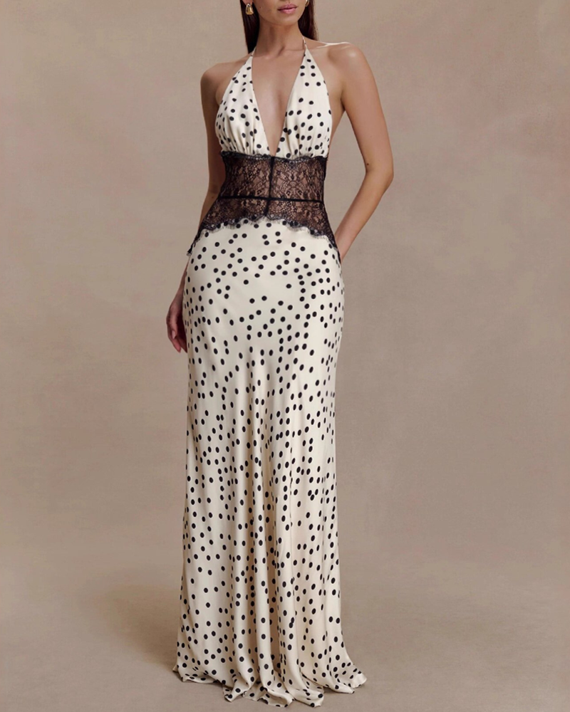 Elegant V-Neck Halter Lace and Satin Patchwork Maxi Dress