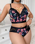 Plus Size Sexy Floral Print Lace Trim Lingerie Set