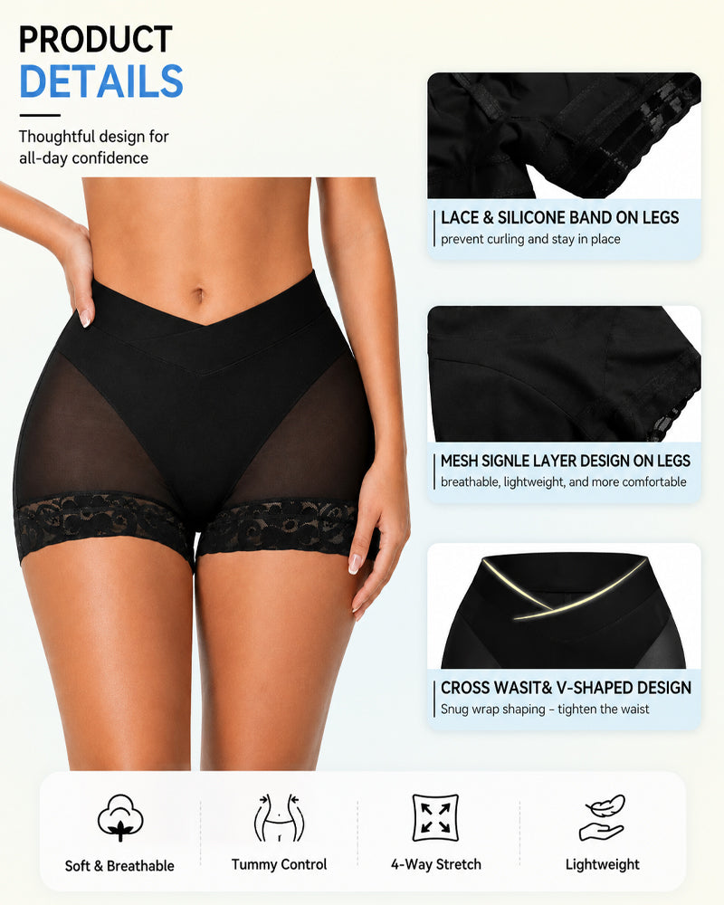 V Crossover Sheer Mesh Elastic Tummy Control Butt Lifting Shaping Panties