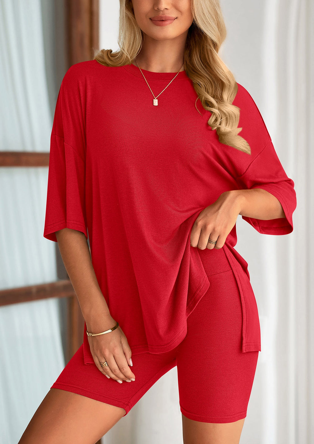 Women's Two-Piece Casual Sports Loose Shirt Cycling Shorts Suit