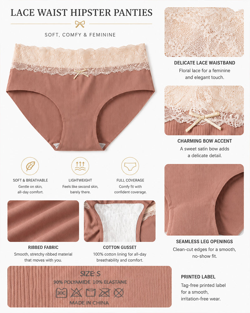 5-Pack Seamless Lace Cotton Antibacterial Crotch Panties