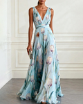 Tulip Print Chiffon Sleeveless V-Neck Maxi Dress