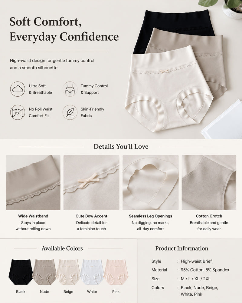 Five-Pack Pure Cotton High Waist Tummy Control Seamless Breathable Briefs