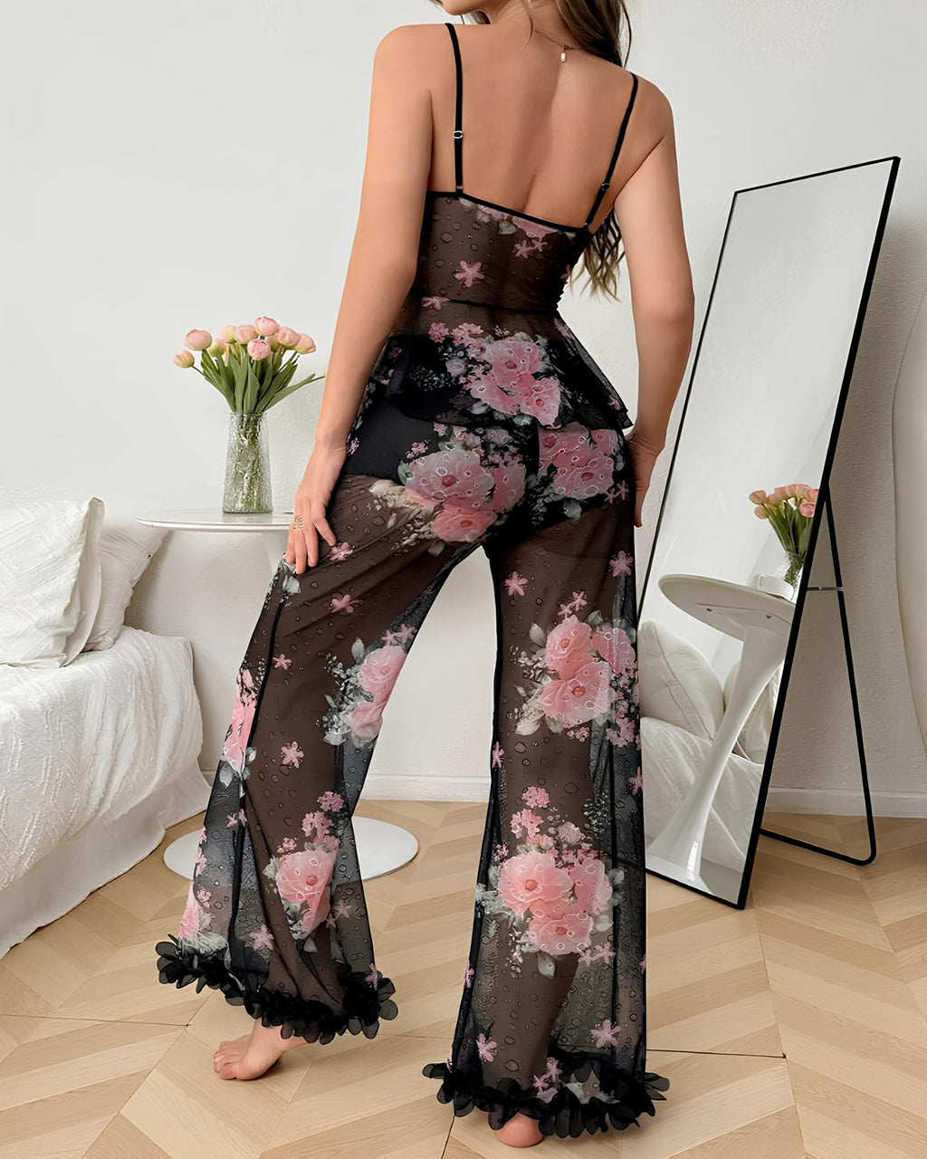Sexy Floral Mesh See-through Ruffled Camisole and Trousers Pajama Set