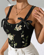 French Style Bow Lace-Up Floral Sexy Body Shaper Women's Sling Printed Slim-Fit Vest Corset
