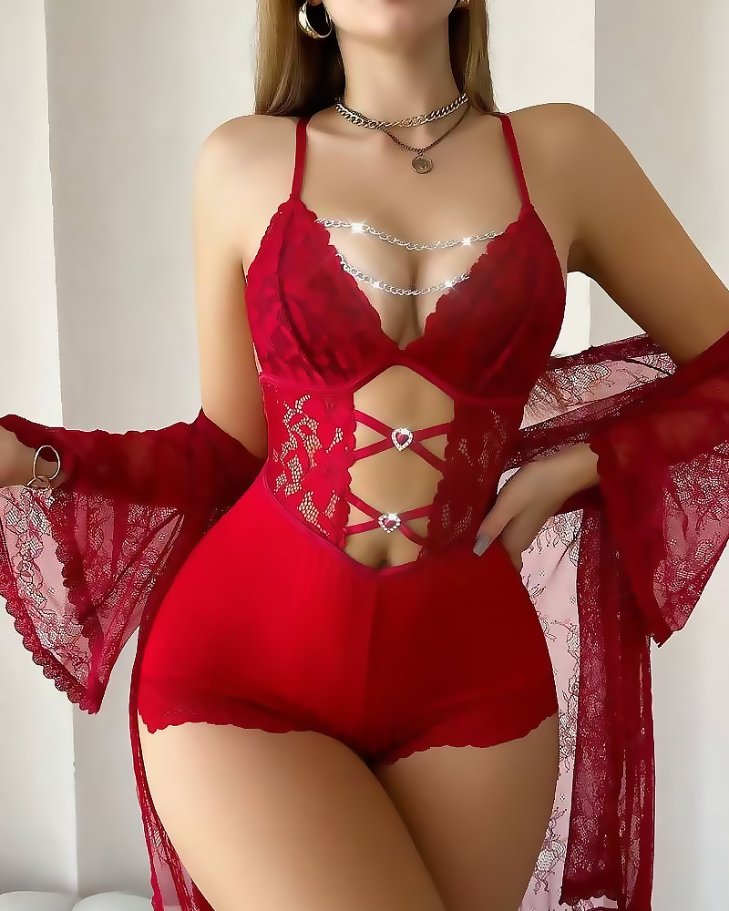 Front Closure Lace Strapless Bodysuit with Lace Robe
