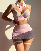 Sexy Striped Bowknot Ultra-Mini Skirt Uniform Lingerie Set with Stockings