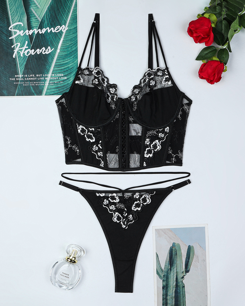 Luxury Floral Embroidered Crisscross Strap Lingerie Set