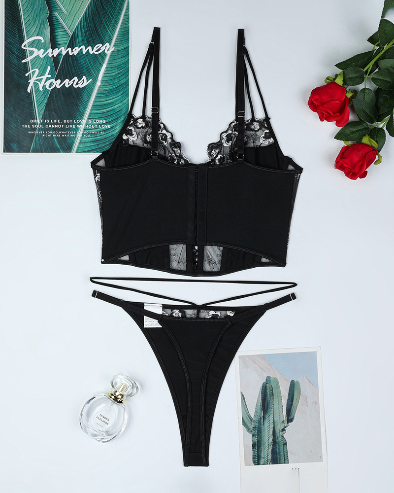 Luxury Floral Embroidered Crisscross Strap Lingerie Set