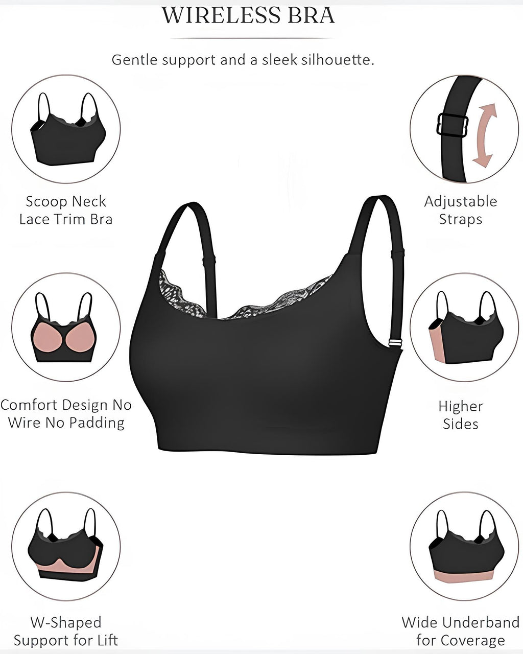 Women's Lace-Trimmed U-Shaped Wire-Free Seamless Comfort Bra