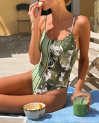 Adjustable shoulder straps Green Print Swimsuit Set