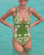 V Neck Ruffle Green Retro Printed Swimsuit Set
