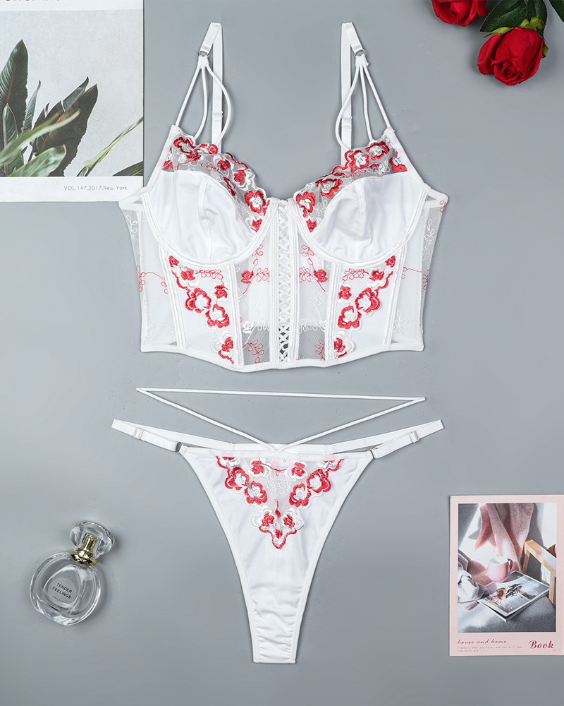 Luxury Floral Embroidered Crisscross Strap Lingerie Set