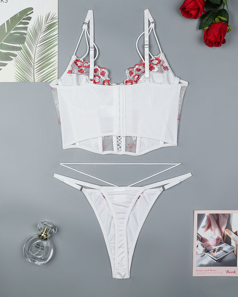 Luxury Floral Embroidered Crisscross Strap Lingerie Set