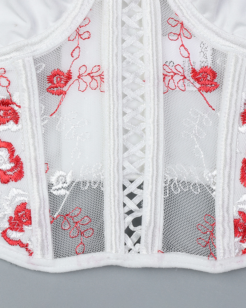 Luxury Floral Embroidered Crisscross Strap Lingerie Set