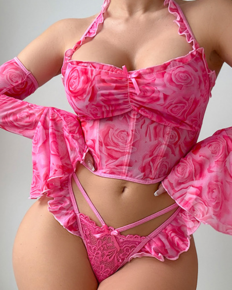 Sexy Rose Print Lingerie Set with Ruffle Sleeves