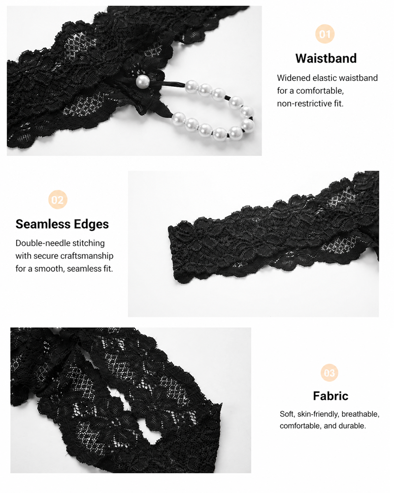 Pearl Decor See-Through Lace Thong