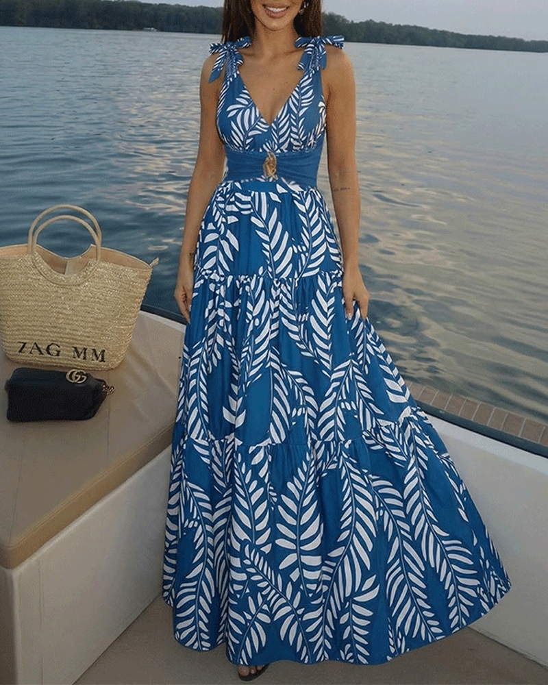 Sling Blue Tassel Leaves Print Cut Out Swimsuit Set