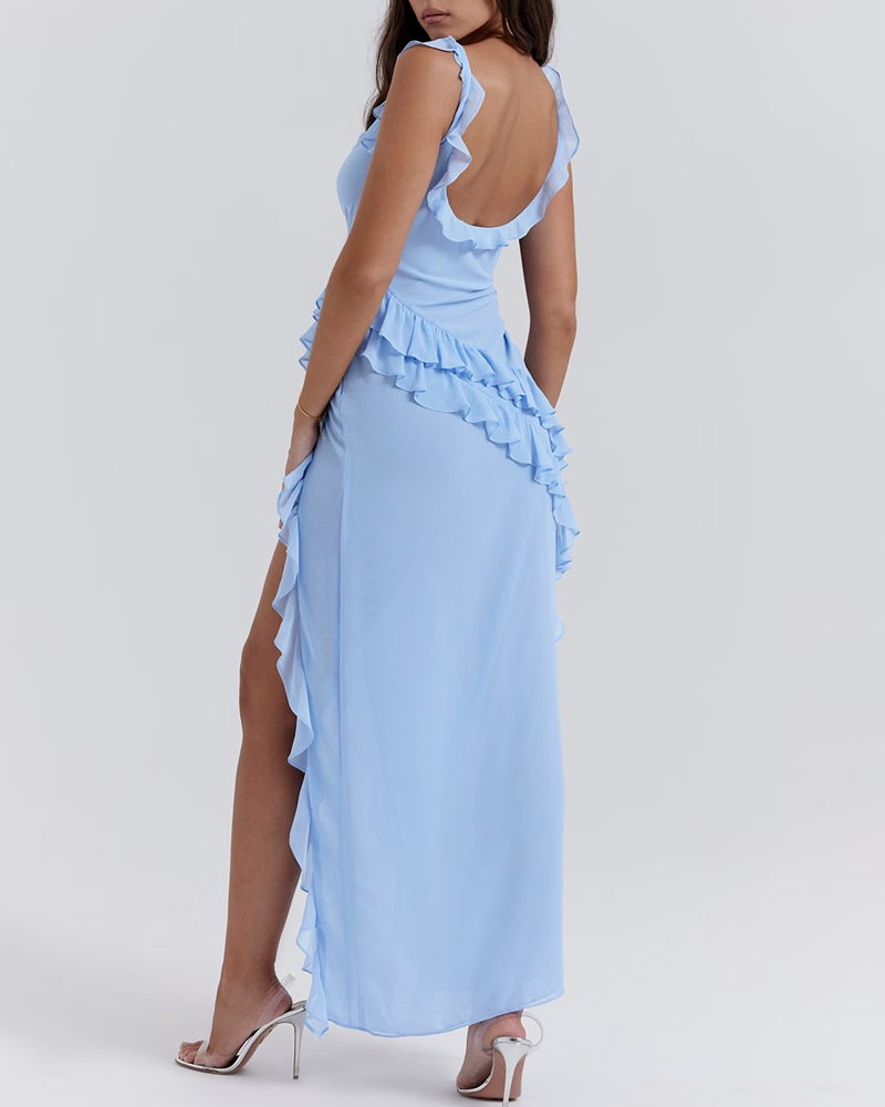 Sexy Ruffle Trim Slit Maxi Dress
