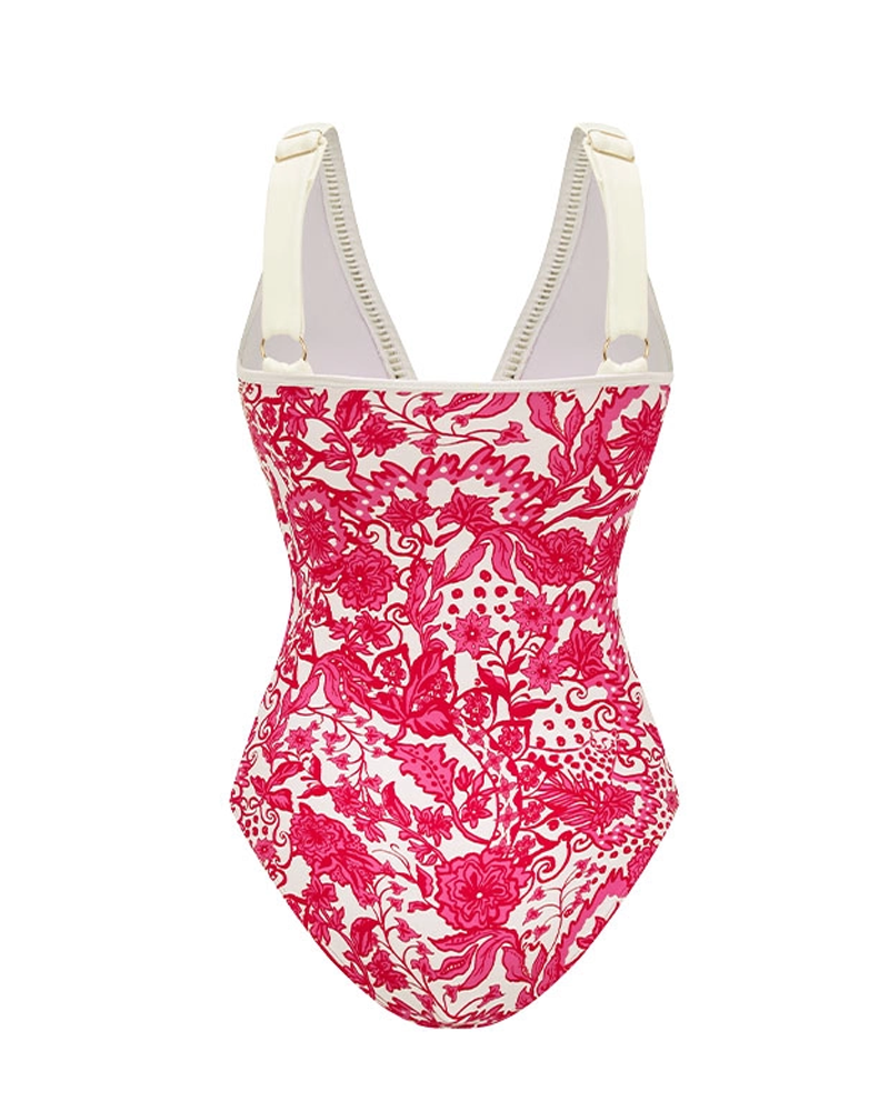 V Neck Ruffle Printed Swimsuit Set
