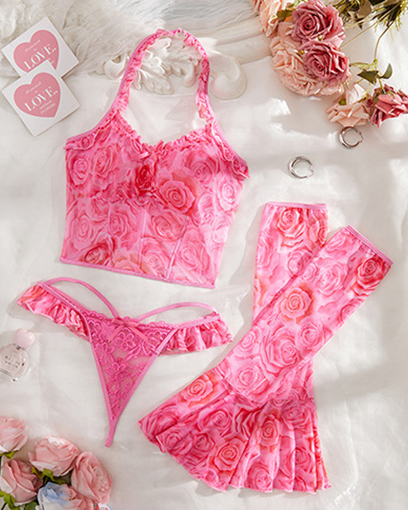 Sexy Rose Print Lingerie Set with Ruffle Sleeves