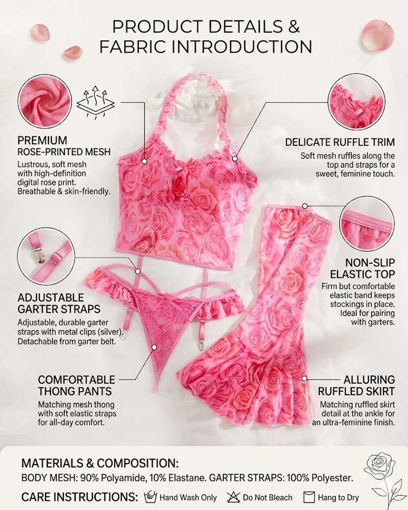 Sexy Rose Print Lingerie Set with Ruffle Sleeves