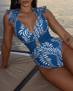 Sling Blue Tassel Leaves Print Cut Out Swimsuit Set