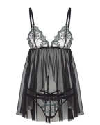 Embroidered Lace Open-Bust Hook Closure Sheer Babydoll Set