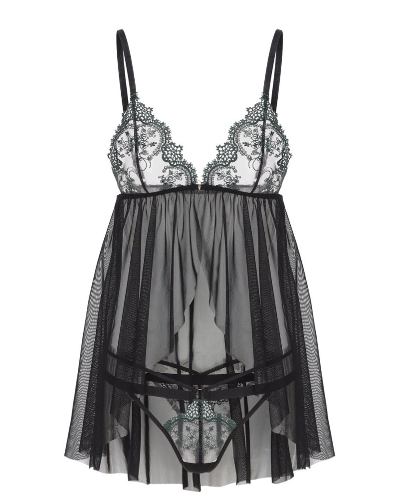 Embroidered Lace Open-Bust Hook Closure Sheer Babydoll Set