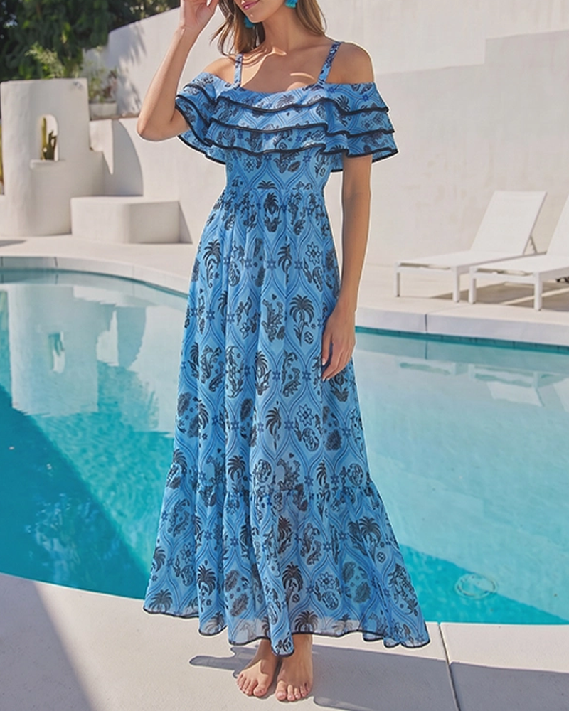 Blue Printed Waist Cut Out Swimsuit Set