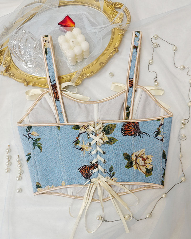 French Style Bow Lace-Up Floral Sexy Body Shaper Women's Sling Printed Slim-Fit Vest Corset