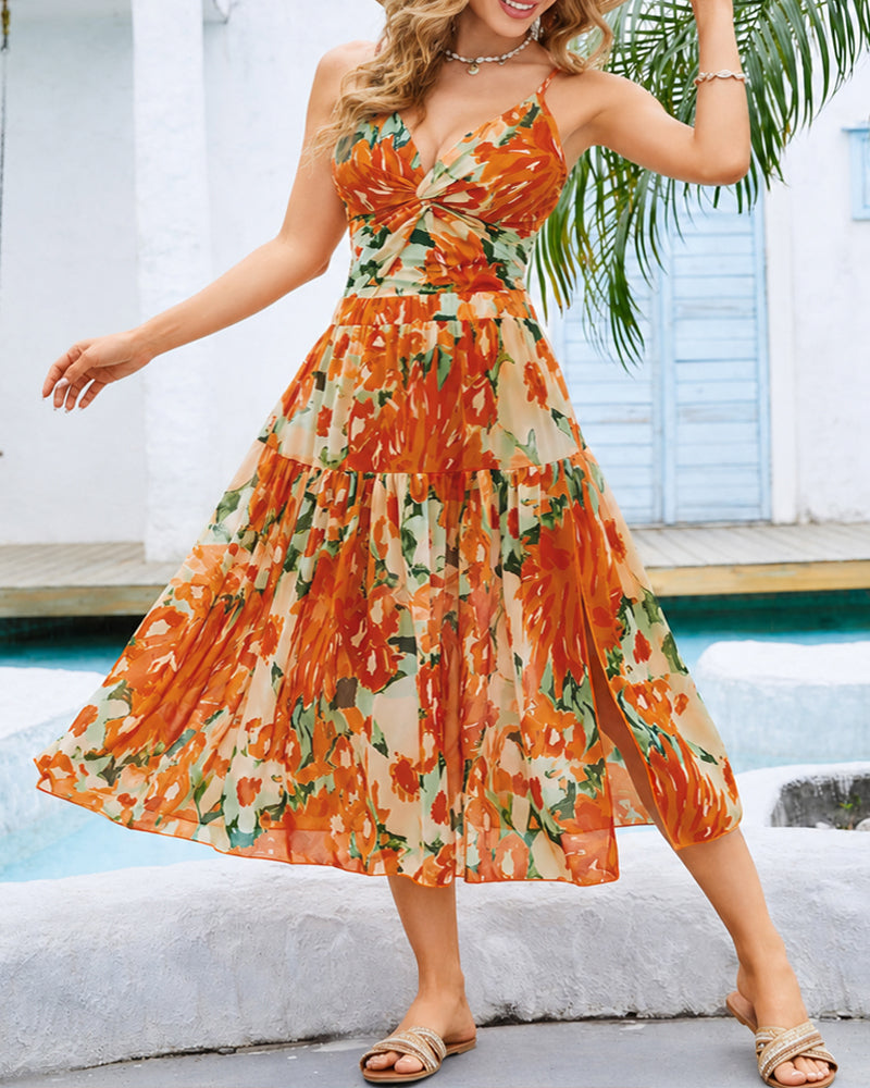 Deep V Floral Print One-Piece Swimsuit and Long Skirt Set
