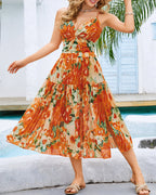 Deep V Floral Print One-Piece Swimsuit and Long Skirt Set