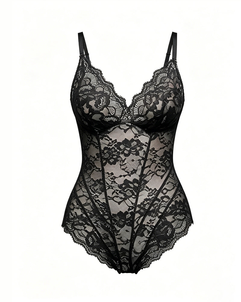 V Neck Lace Seamless Back Drawstring Bodysuit