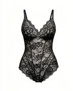 V Neck Lace Seamless Back Drawstring Bodysuit