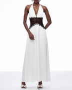 Elegant V-Neck Halter Lace and Satin Patchwork Maxi Dress