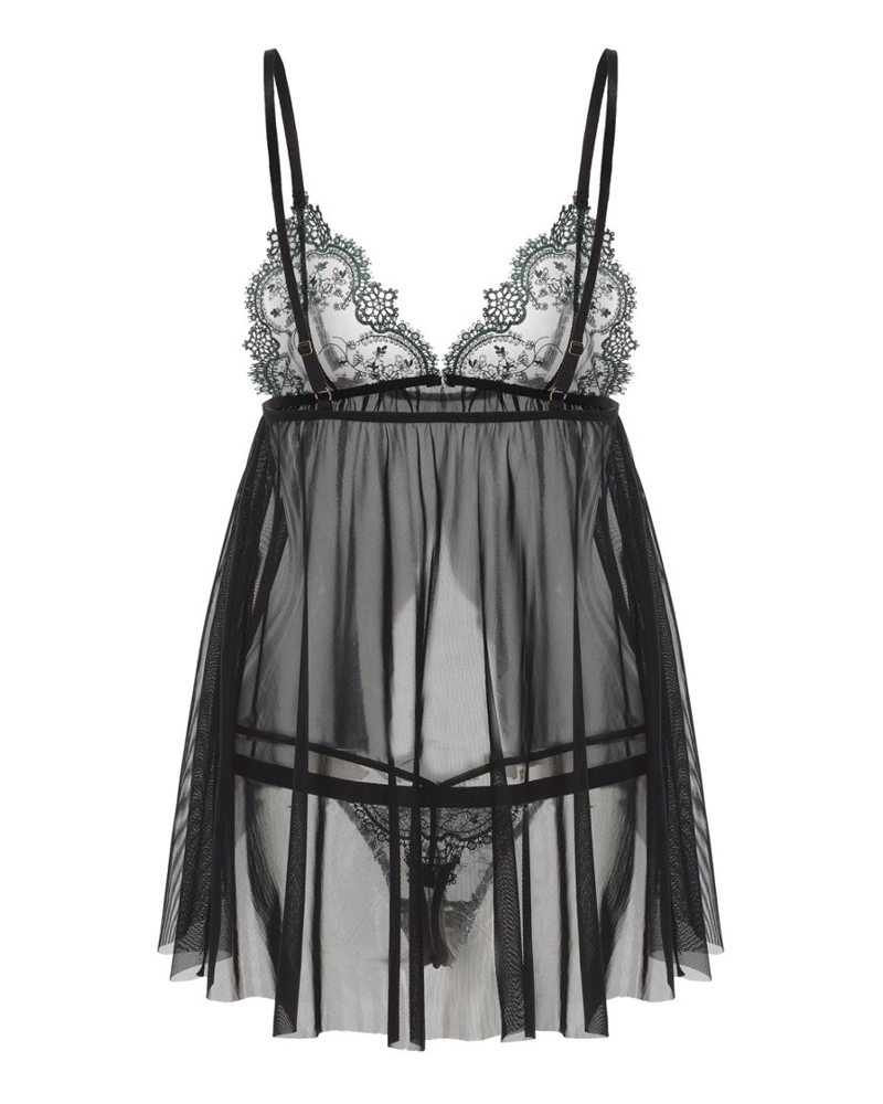 Embroidered Lace Open-Bust Hook Closure Sheer Babydoll Set