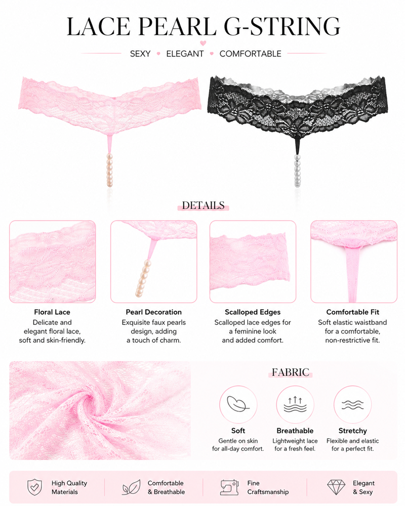 Pearl Decor See-Through Lace Thong