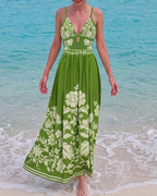 V Neck Ruffle Green Retro Printed Swimsuit Set