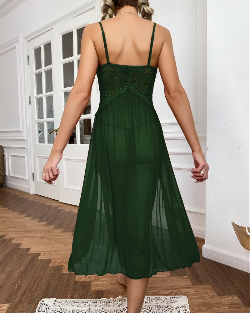 Sexy Sheer Mesh Deep V-Neck Lace Side Slit Slip Dress