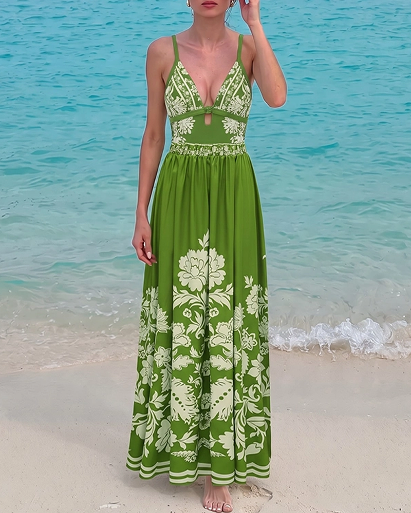 V Neck Ruffle Green Retro Printed Swimsuit Set